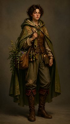 full-body original character: a wandering botanist with a satchel of plants, a patched green cloak, tall boots and round glasses, neutral background
