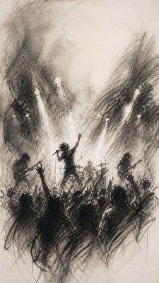 a live music scene with a glowing stage and silhouetted crowd, energetic vertical composition with open space at the top, no text