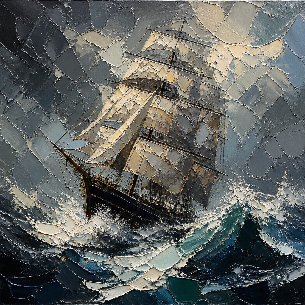 sailing ship on a stormy sea — Palette Knife Painting Style