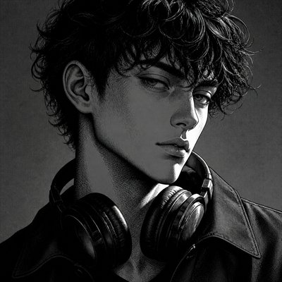 head-and-shoulders portrait of an original character: a young man with curly dark hair and headphones around his neck, plain backdrop, no text