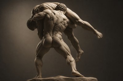 back view of an ancient greek ignudi wrestler lifting another wrestler