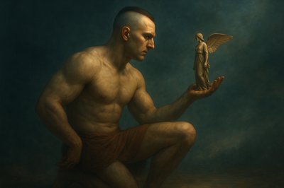 a painting of a man holding a statue