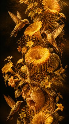 a climbing vine of flowers and hummingbirds on a dark background, tall wrapping composition, no text