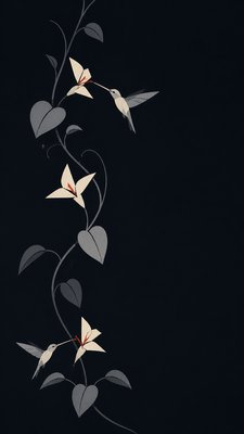 a climbing vine of flowers and hummingbirds on a dark background, tall wrapping composition, no text