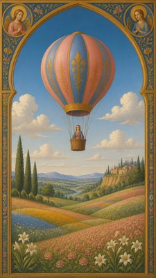 a hot air balloon drifting over rolling flower fields on a sunny day, cheerful, no text