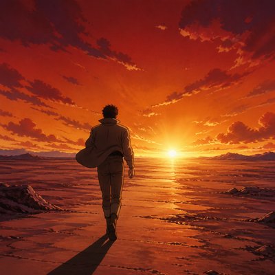 a solitary figure walking toward a glowing horizon across an empty plain, moody atmosphere, no text or lettering