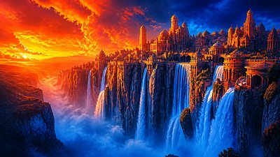 a cliffside city with waterfalls cascading into a misty canyon, wide establishing shot, no people, no text