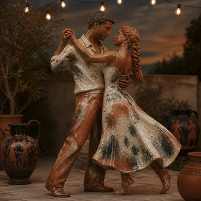 an original couple dancing under string lights in a garden at dusk: a man with short black hair in a linen shirt and a woman with braided red hair in a summer dress