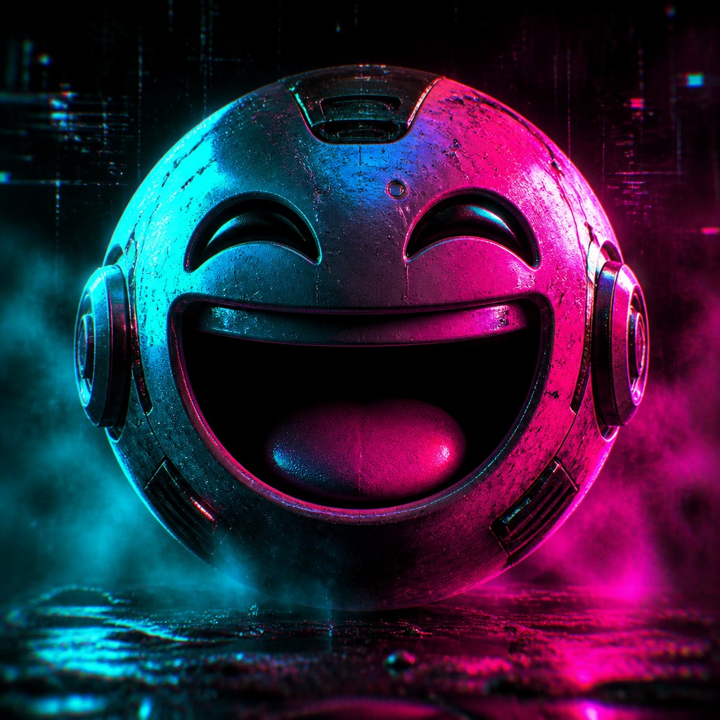 an exaggerated laughing face of an original round mascot character, bold and readable at small size, plain background, no text
