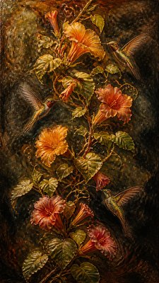 a climbing vine of flowers and hummingbirds on a dark background, tall wrapping composition, no text