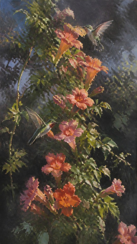a climbing vine of flowers and hummingbirds on a dark background, tall wrapping composition, no text
