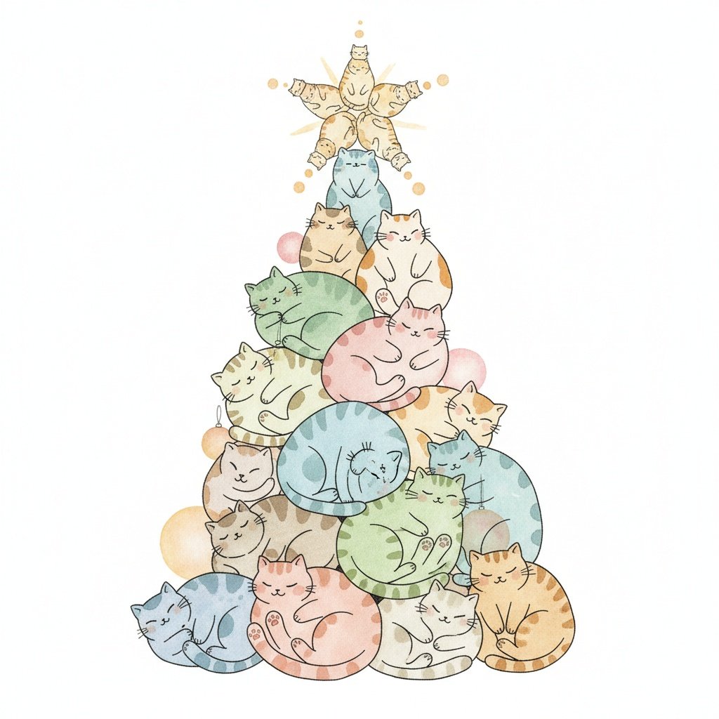  a whimsical christmas tree made of cats, with many small cats stacked on top to form the shape of an xmas star, white background, simple watercolor style, minimalism, pastel tones, simple details, hand-drawn illustration, pasted picture, simple lines, simple drawing style, white background, white space