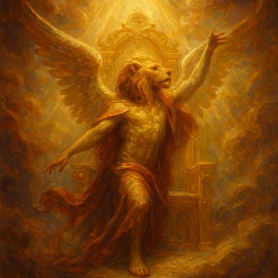 A mystical fantasy angel with a lion head standing at God's throne in heaven, with suspense and serenity. Vibrant colors that immediately catch the eye, and soft lighting envelops the scene, enhancing its ethereal beauty. The angel strikes a graceful pose, signifying freedom and power. Dreamlike quality, a world of imagination and enchantment