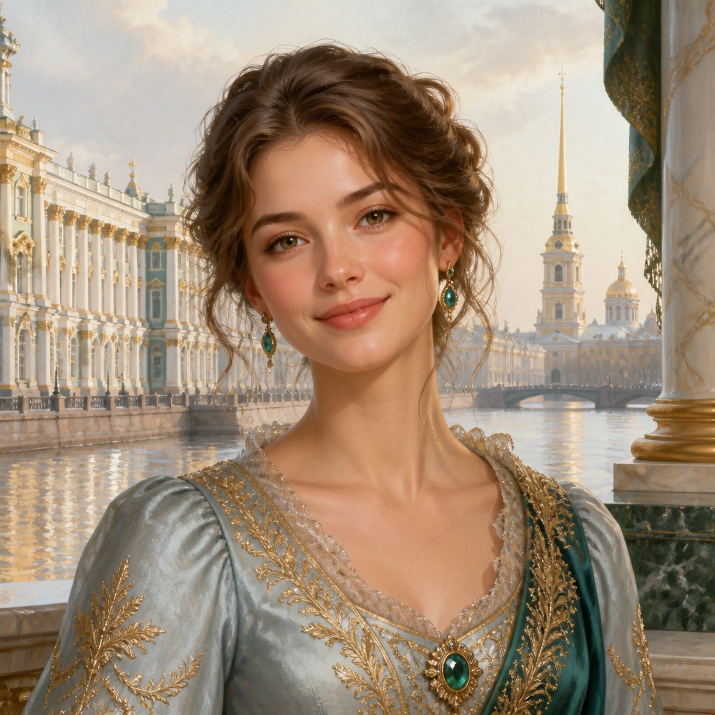 head-and-shoulders portrait of an original character: a young woman with wavy chestnut hair and a warm smile, plain soft backdrop