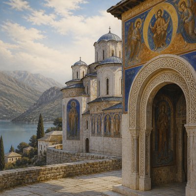 serene landscape with mountains and water