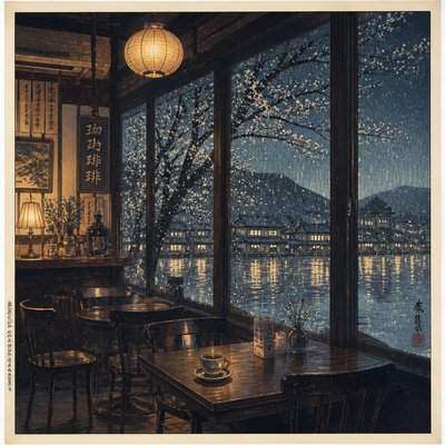 cozy cafe interior with warm lighting
