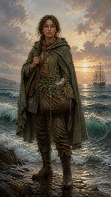 full-body original character: a wandering botanist with a satchel of plants, a patched green cloak, tall boots and round glasses, neutral background