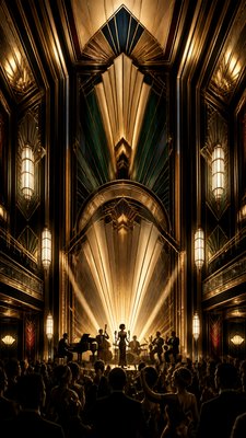 a live music scene with a glowing stage and silhouetted crowd, energetic vertical composition with open space at the top, no text