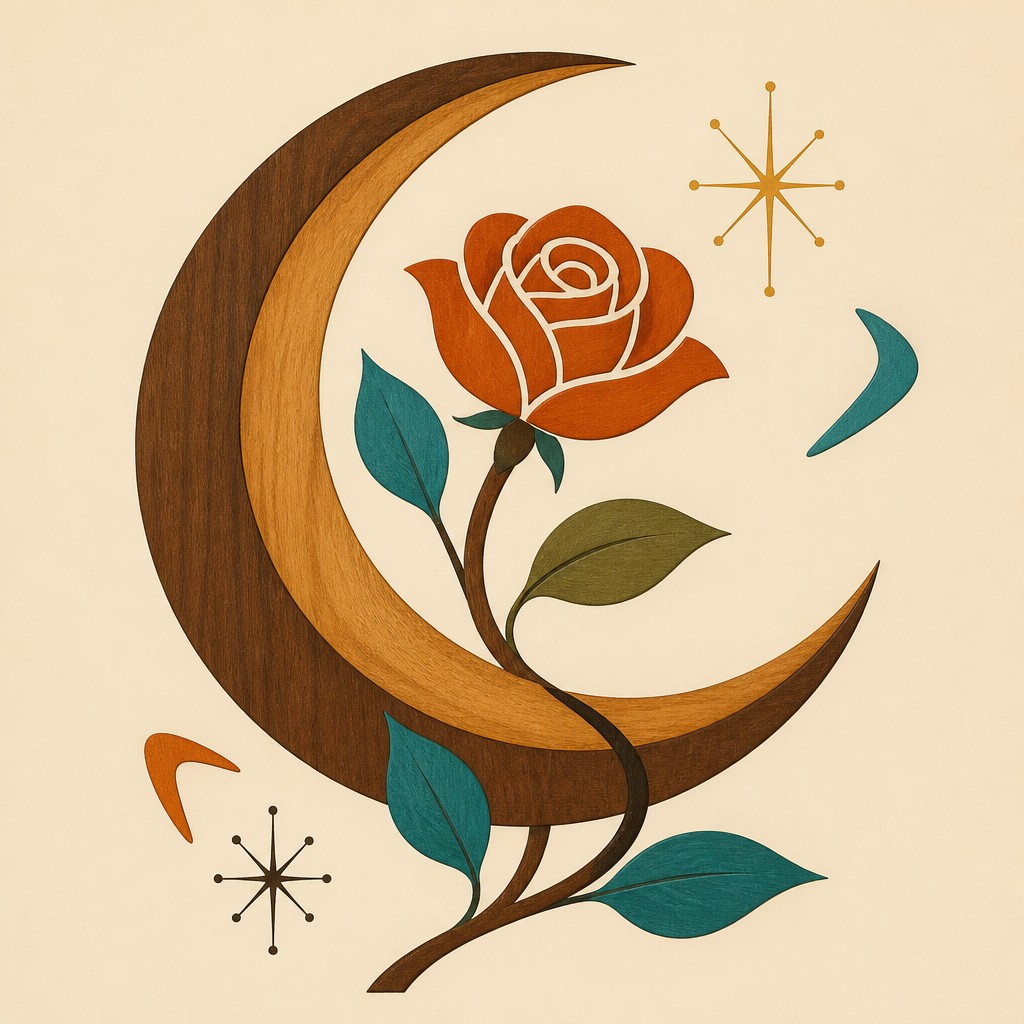 a rose entwined with a crescent moon, clean balanced composition on a plain background, no text