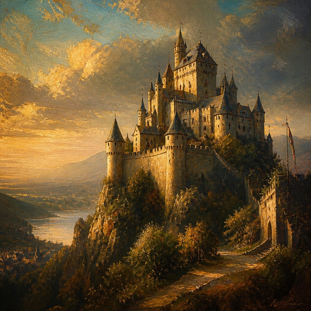 a grand castle with towers on a hilltop
