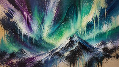 a flowing aurora over snowy peaks, wide sweeping composition, no people, no text