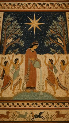 a robed figure pouring water beneath a large eight-pointed star in a night sky, symmetrical composition with an ornate decorative border, no text