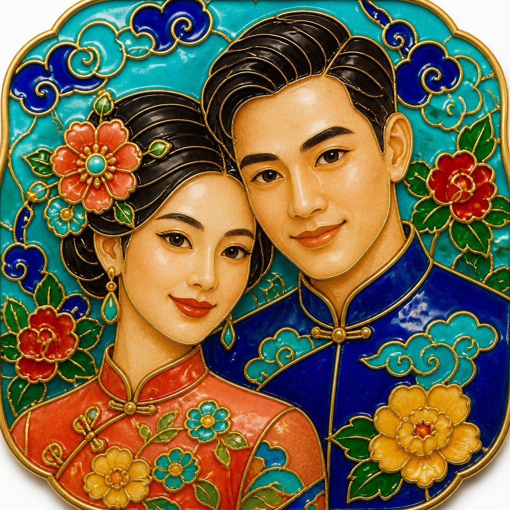 portrait of two people together — Enamel Cloisonné Jewelry Design