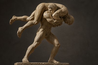 side view of an ancient greek wrestler lifting another wrestler