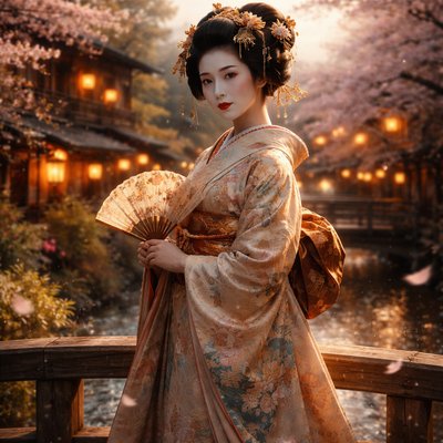 Cinematic Film Style, Romanticism Art Style, a stunningly beautiful and atmospheric portrait of a Geisha in 1930s Kyoto. She is dressed in an exquisite, flowing silk kimono with intricate floral patterns and a wide obi sash. Her face is painted in traditional white makeup with striking red lips and piercing blue-gray eyes. She is standing on a traditional wooden bridge over a stream in Gion, with soft pink cherry blossoms falling around her like snow. The lighting is a warm, golden-hour glow that creates a soft-focus, ethereal background of old wooden teahouses and paper lanterns. Focus on the shimmering texture of the silk, the delicate movement of the blossoms, and a sense of quiet, longing beauty.