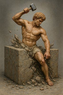 a painting of a man sitting on a rock with a hammer in his hand