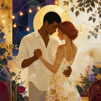 an original couple dancing under string lights in a garden at dusk: a man with short black hair in a linen shirt and a woman with braided red hair in a summer dress