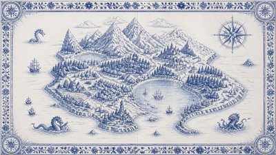 a map of an island realm with mountains, forests, a sheltered bay, sea monsters in the water and a compass rose, no text labels