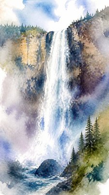 towering waterfall cascading down a cliff