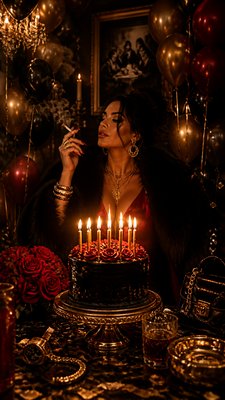 a birthday cake with lit candles surrounded by balloons and confetti, festive vertical composition, no text