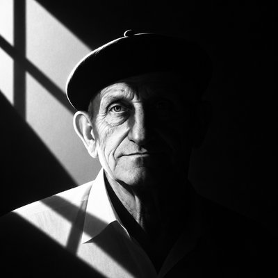 a black and white photo of a man in a hat