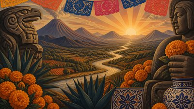 a vast valley with a river winding toward distant mountains at sunrise, no people, no text