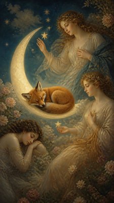 a sleeping baby fox curled on a crescent moon among soft stars, gentle and warm, no text