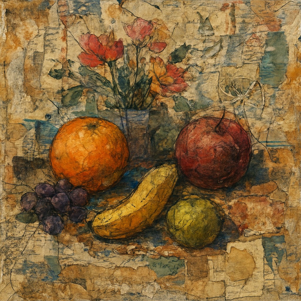 still life arrangement of fruits and flowers