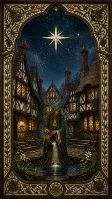 a robed figure pouring water beneath a large eight-pointed star in a night sky, symmetrical composition with an ornate decorative border, no text