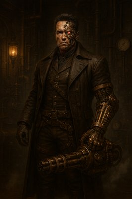 "A dramatic, full-body portrait of Arnold Schwarzenegger as a Steampunk Terminator, standing powerfully in a dimly lit, richly detailed Victorian-era workshop. Arnold's iconic Terminator face is visible, with a glowing red eye, partially obscured by an intricate, metallic eyepatch and visible cybernetic components around his neck and face. He wears a heavy, dark brown leather duster coat over a tailored waistcoat and trousers, all adorned with brass buckles, gears, and leather straps. His left arm is a formidable steampunk prosthetic, crafted from polished brass, copper, and exposed gears, ending in a massive, Gatling-gun-like weapon integrated into the forearm. His right hand wears a finely detailed leather glove with metallic accents. The background of the workshop is filled with vintage machinery, pressure gauges, steam pipes, exposed brick walls, and the soft glow of gas lamps, casting long shadows. Smoke or steam gently drifts through the air, adding to the atmospheric industrial setting. The overall aesthetic is gritty, sophisticated, and perfectly blends the sci-fi elements of the Terminator with the intricate mechanical beauty of steampunk