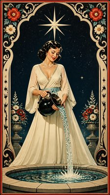 a robed figure pouring water beneath a large eight-pointed star in a night sky, symmetrical composition with an ornate decorative border, no text
