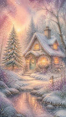 a snow-covered cottage with warm glowing windows beside a decorated pine tree, gentle snowfall, no text