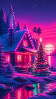a snow-covered cottage with warm glowing windows beside a decorated pine tree, gentle snowfall, no text