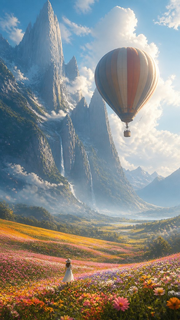 a hot air balloon drifting over rolling flower fields on a sunny day, cheerful, no text