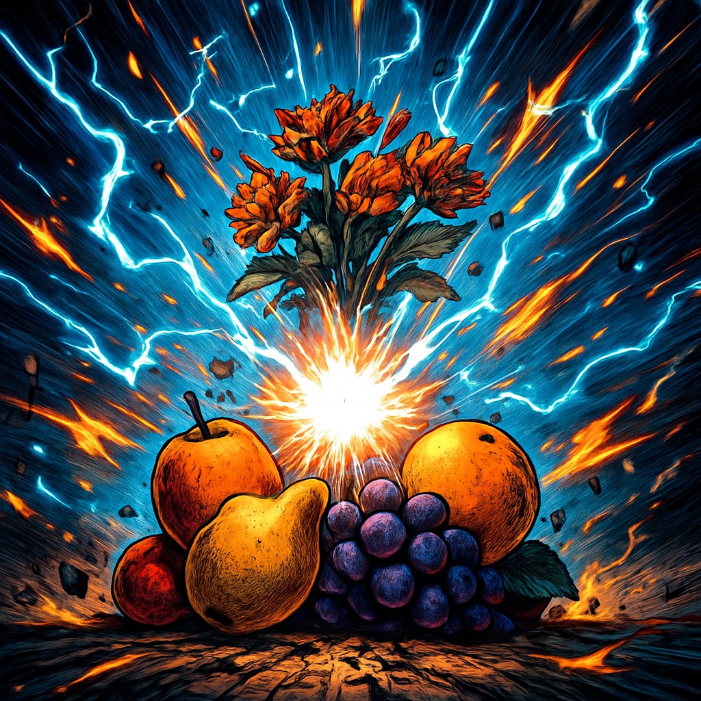 still life arrangement of fruits and flowers