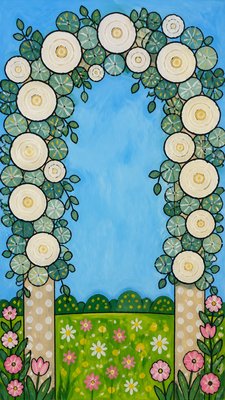 an arch of white roses and eucalyptus in soft morning light, elegant vertical composition with open space, no text