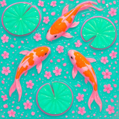 A koi pond seen from above, orange and white koi fish swimming among lily pads, clear water with subtle ripples, fallen cherry blossom petals floating on the surface, dappled sunlight