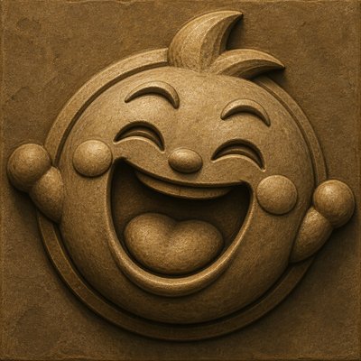 an exaggerated laughing face of an original round mascot character, bold and readable at small size, plain background, no text