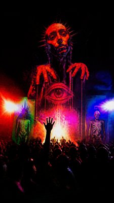 a live music scene with a glowing stage and silhouetted crowd, energetic vertical composition with open space at the top, no text