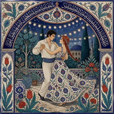 an original couple dancing under string lights in a garden at dusk: a man with short black hair in a linen shirt and a woman with braided red hair in a summer dress